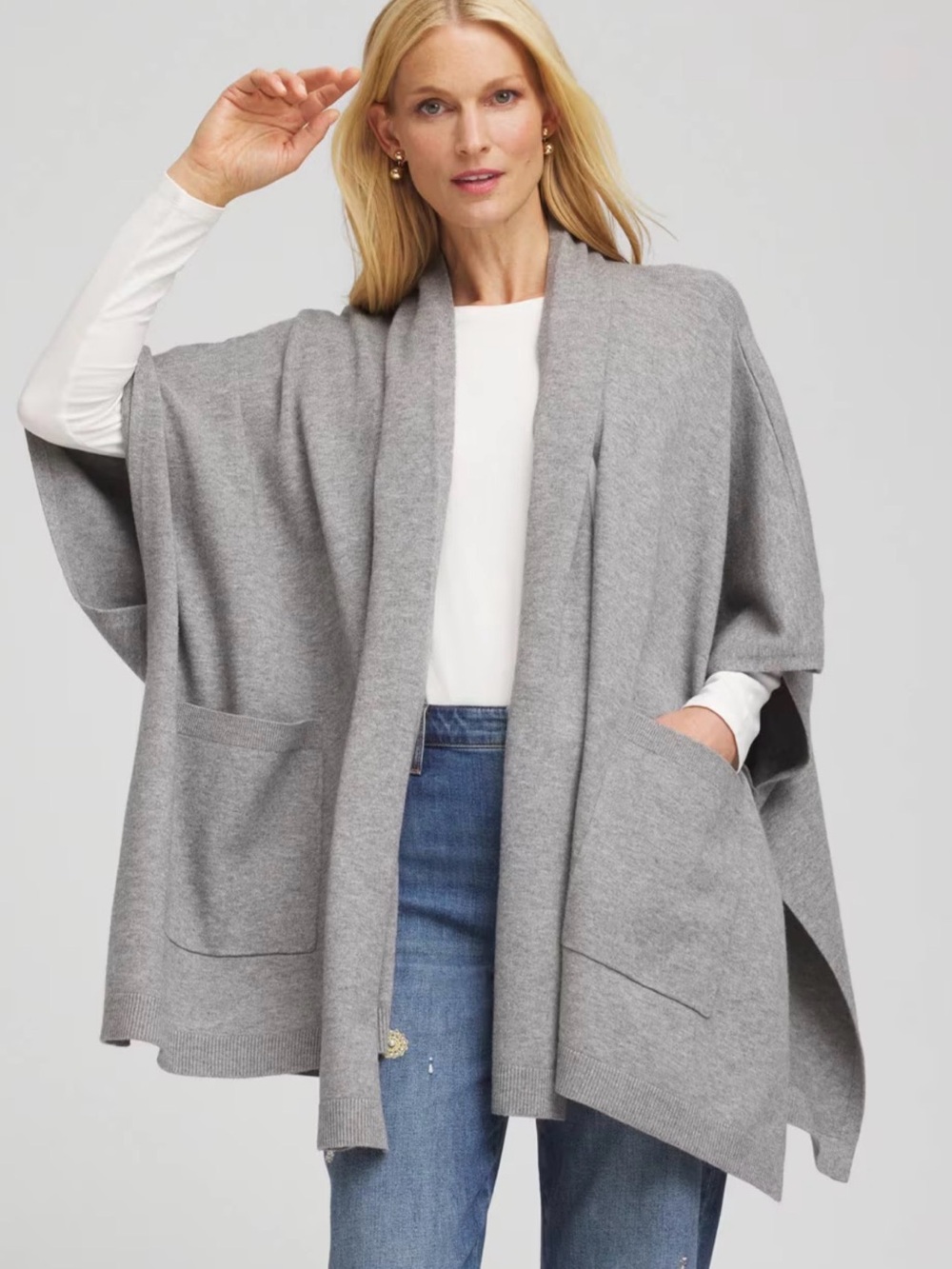 Chico's Long Knit Ruana Open Cardigan Poncho One Size Gray Soft Knit Minimalist